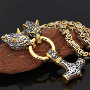 Stainless Steel Dual Color Metal Wolves' Heads Chain Viking Hammer Pendant