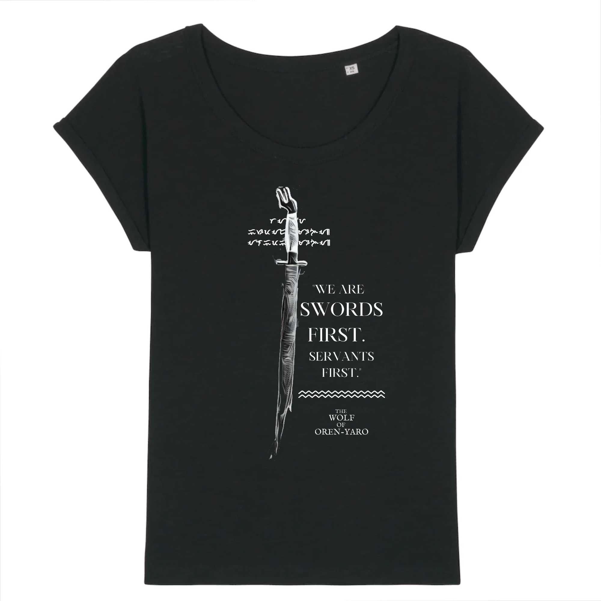 Oren-yaro Sword Quote - Women Slub Black Tee-shirt 100% Rolled Sleeve