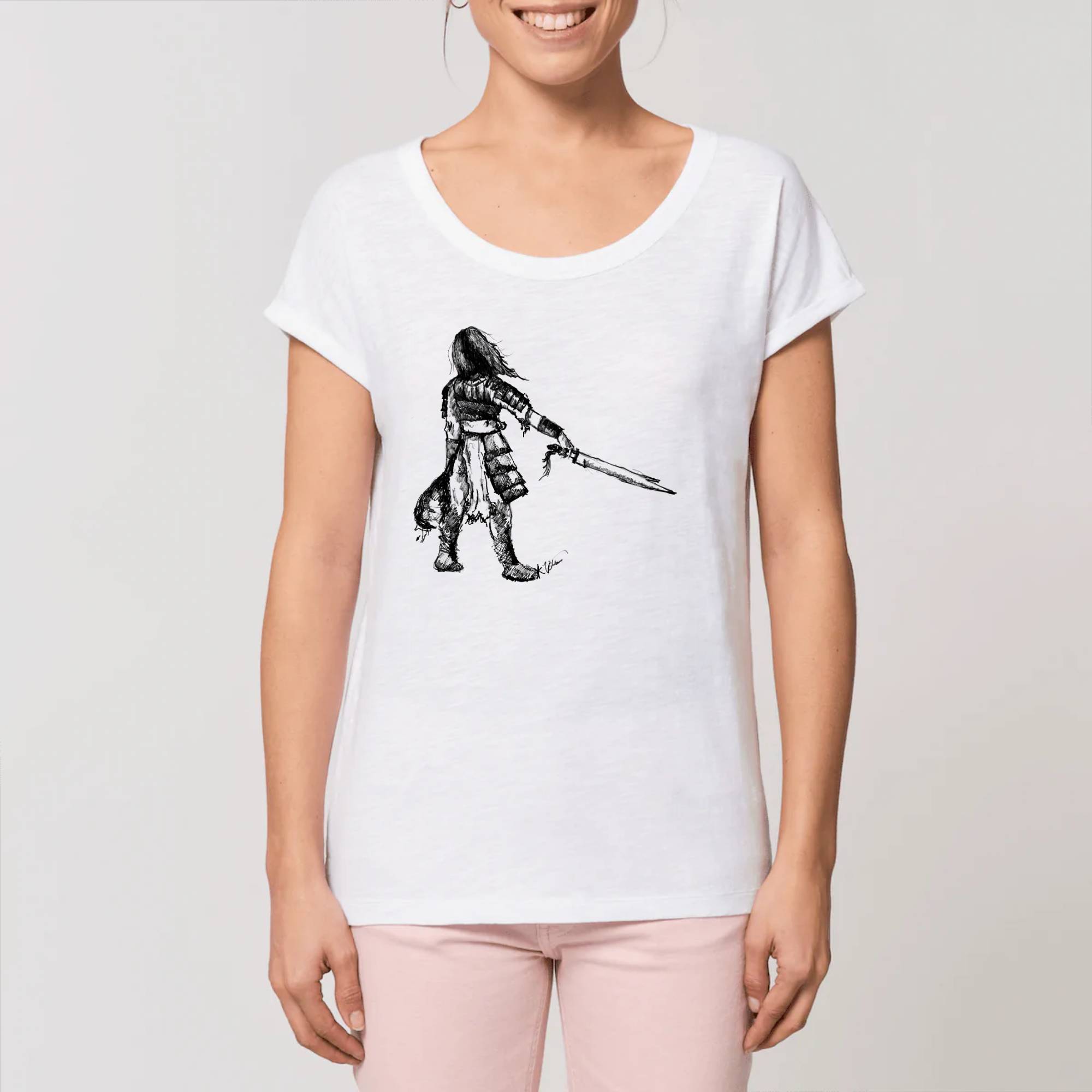 Woman with a Sword Sketch - Women Slub T-Shirt - Rolled Sleeve